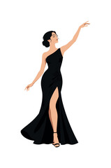 Naklejka premium Elegant woman in black dress gesturing upward in simple fashion scene, woman, dress, black, gesture, elegant, fashion, character,