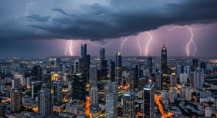 Fototapeta premium Cityscape under thunderstorm, skyscrapers with lightning