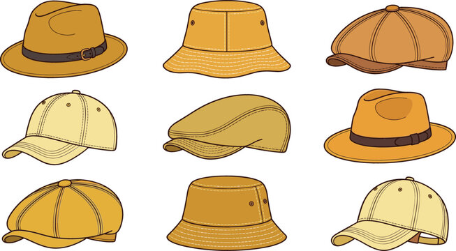 Men headwear fashion vector illustration set with classic fedora hats, casual bucket hats, flat caps, newsboy caps, and blank baseball caps