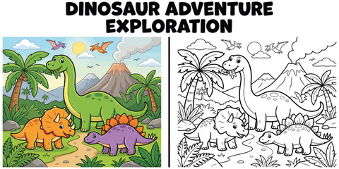 Dinosaur adventure exploration coloring pages book for kids with markers and pen © Wasi97