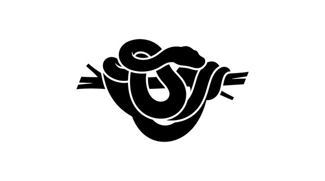 Coiled snake silhouette on tree branch.