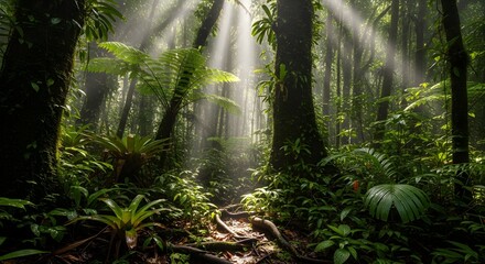 Naklejka premium Sunlight filtering through dense rainforest with lush greenery and mist