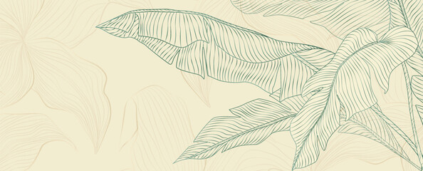 Fototapeta premium Premium art background with hand-drawn tropical plant leaves in line art style. Botanical banner for decor, prints, textiles, posters, interiors, and wallpaper.