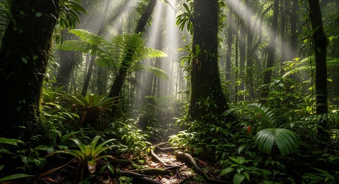 Sunlight filtering through dense rainforest with lush greenery and mist