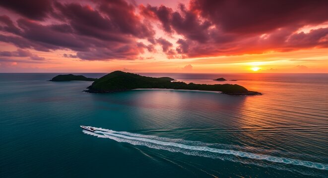 Speedboat racing across tropical island seascape at dramatic sunset with storm clouds