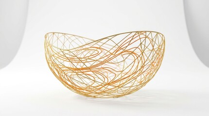 Fototapeta premium Golden sketch bowl shape with abstract orange lines round white background. Minimal organic design modern wireframe art delicate