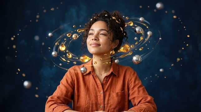 Young dreamer in terracotta linen shirt with liquid gold drops and mercury spheres orbiting her head against deep navy canvas..