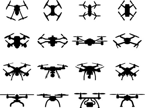 Set of black silhouettes of different drones