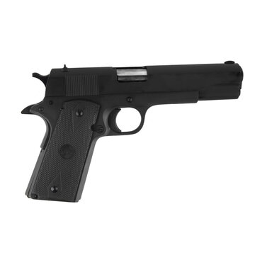 Black semi automatic 1911 pistol isolated on a white background. Side view profile shot of a classic handgun used for self defense, tactical shooting, and law enforcement.