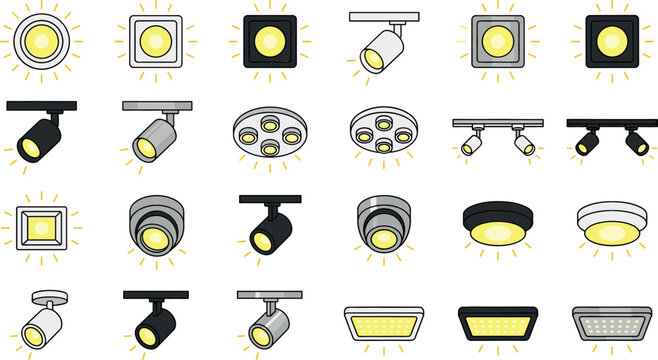 Modern ceiling spotlights and recessed downlights vector set with glowing track fixtures, lamps, and studio light icons isolated on white background