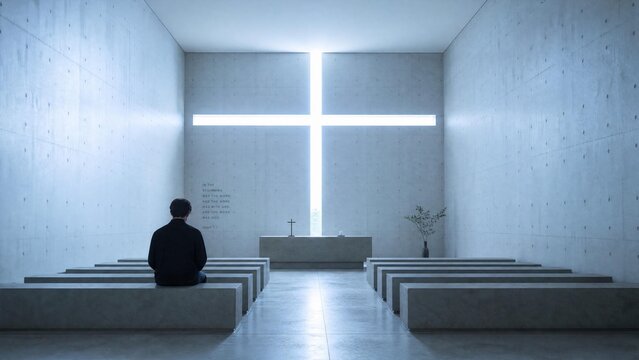 Man Praying in Minimalist Modern Concrete Chapel with Glowing Cross