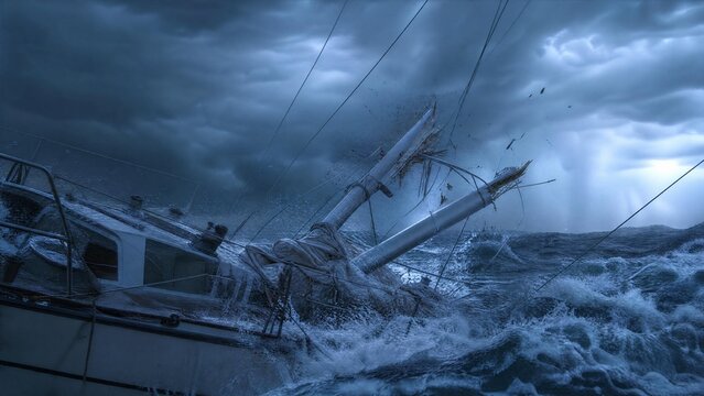 Dramatic Shipwreck of a Sailboat in a Violent Ocean Storm with Broken Mast and Crashing Waves