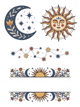 Mystical Celestial Folk Art Set with Sun, Moon, and Stars