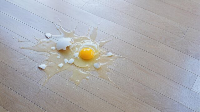 Broken Raw Egg Splashed on Light Wooden Floor