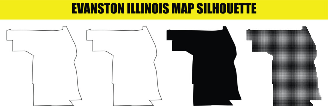 Evanston illinois map silhouette collection with solid and stroke options for lakefront city boundary representation.