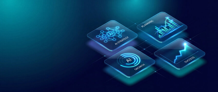 Abstract digital interface displaying AI strategy, growth, planning, and success metrics with glowing neon blue charts and network nodes against a dark teal gradient background, representing