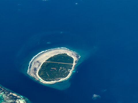 aerial landscape view of D'Arros Island as part of the Amirante Islands group, in the Outer Islands (Coralline Seychelles) coral archipelago of the Seychelles islands, located in Indian Ocean 
