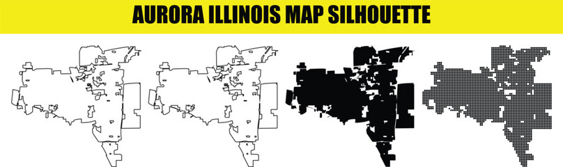 Aurora illinois city map silhouette vector graphic set showing geographic boundary outline in flat and dotted styles art. © Md Asif Shahnaoaz