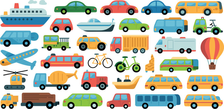Set of colorful vector transportation icons featuring various vehicles including cars, trucks, planes, boats, and trains on transport background