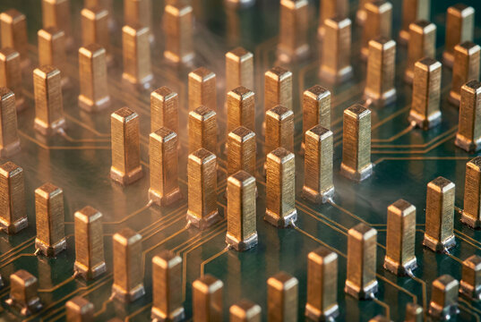 Grid of precision guide pins mounted on an electronic circuit board for testing applications