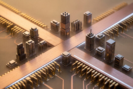 Miniature electronic components arranged on a printed circuit board with intersecting copper traces