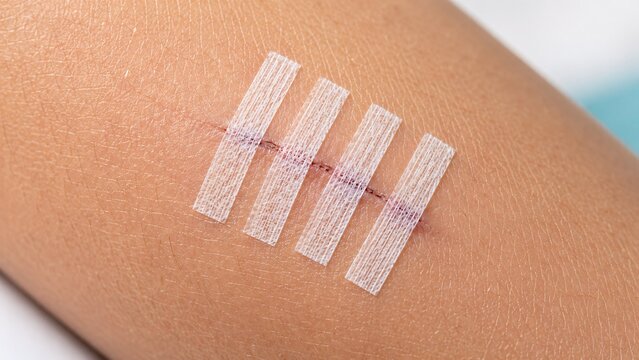 Close-up of thin white butterfly closure bandages neatly applied across clean skin to close a minor wound