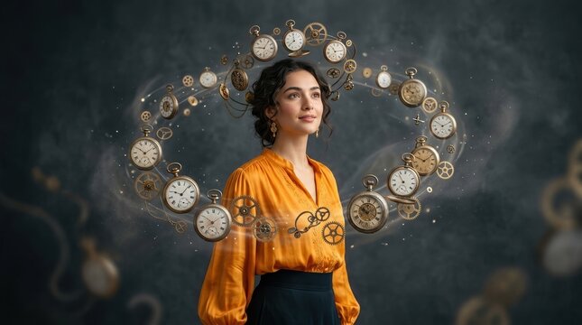 Graceful model in saffron silk blouse with antique pocket watches and cogs orbiting her head against charcoal grey atmosphere..
