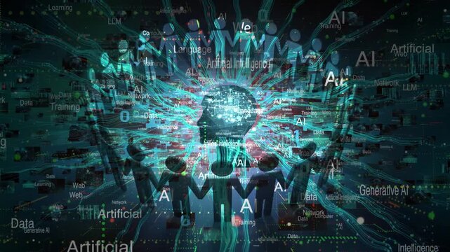 Artificial Intelligence technology concept. People in a unity circle holding hands in support of the new global AI future.
