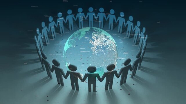 Artificial Intelligence technology concept. People in a unity circle holding hands in support of the new global AI future.