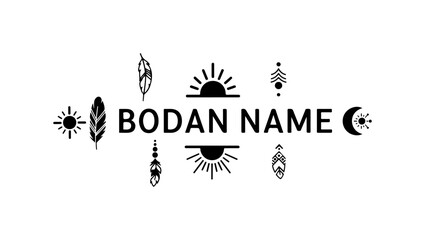 Fototapeta premium Boho sun, moon, feather icons, Bodan Name logo, celestial symbols