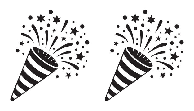Celebration popper icons with star confetti and sparkling elements isolated on transparent backdrop.