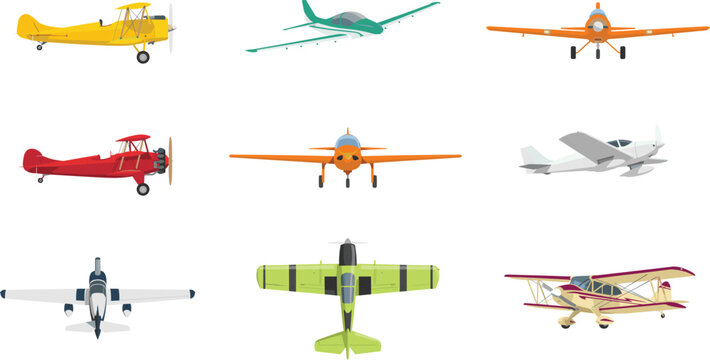 Light Aircraft and Propeller Airplane Vector Icon Set Featuring Biplanes, Monoplanes, and Vintage Gliders from Various Angles for Aviation Graphic Design Projects