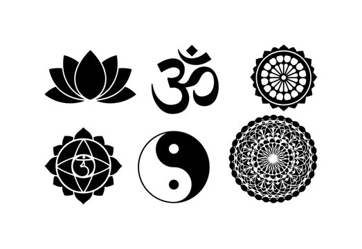 Black spiritual symbols, yoga icons, mandalas, om, lotus, yin yang, chakra vector set