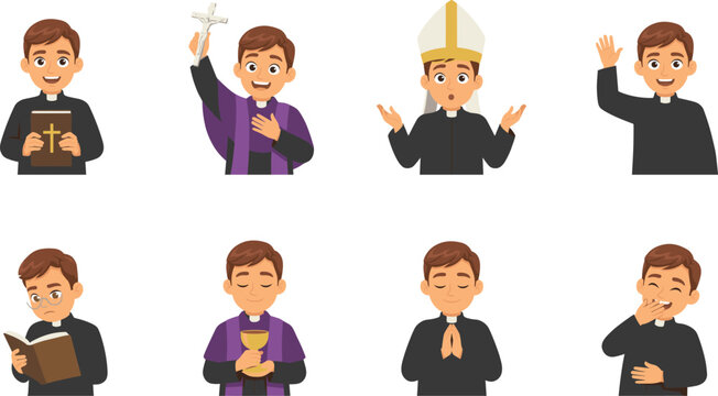 Catholic Priest Cartoon Character Vector Set with Various Poses, Emotions, Bible, Cross, Holy Chalice, and Church Clergy Illustrations for Designs