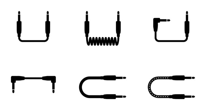 Audio Cable Icons: Jack Plugs, Straight, Coiled, Angled Connectors