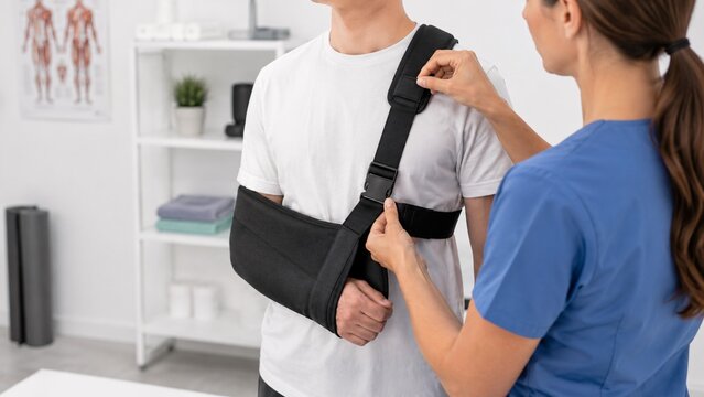 Male patient wearing a comfortable black shoulder immobilizer arm sling in a clinical setting
