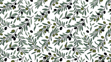 Olive branch seamless pattern vector illustration with green and black olives on leafy twigs for mediterranean textile and packaging designs © Mdjony