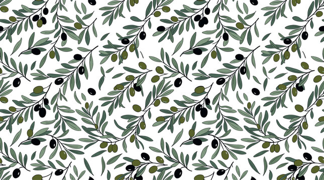Olive branch seamless pattern vector illustration with green and black olives on leafy twigs for mediterranean textile and packaging designs