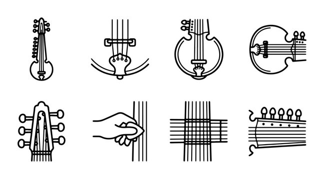 String Instrument Details, Musical Elements, Vector Icons Set