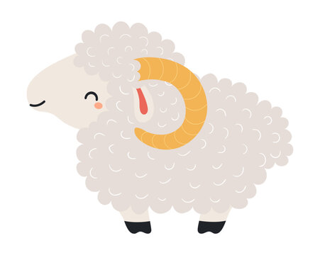 2027 Chinese zodiac sign, cute ram, sheep, lamb illustration isolated. Kawaii cartoon animal character. Lunar New Year, Seollal, Tet holiday card, banner, design element, clip art. Flat vector.