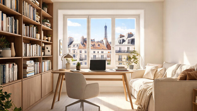Stylish home office with Eiffel Tower view in a modern Parisian apartment, backdrop, virtual meeting background, ms teams background, zoom meeting backdrop, digital meeting background