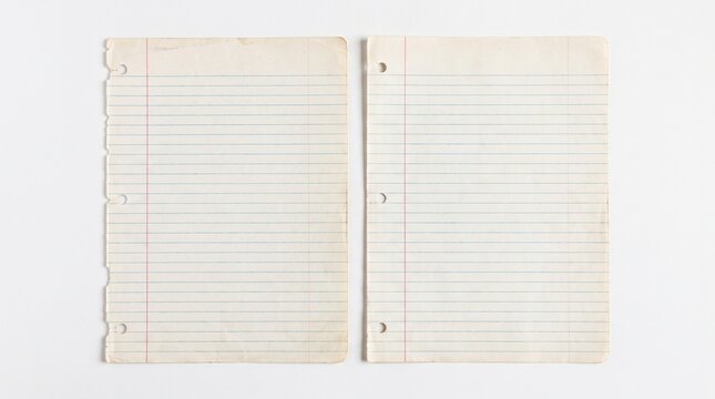 Two sheets of aged lined notebook paper with ragged edges displaying classic blue horizontal lines and red vertical margins placed side by side for display