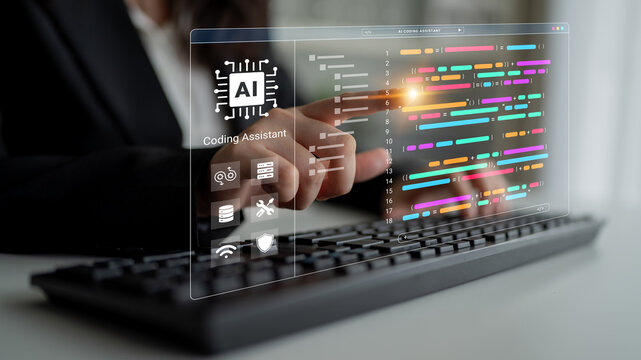 Futuristic display of an AI coding assistant enhancing software development. Focus on user interaction and innovative programming tools for modern tasks. Cyphers