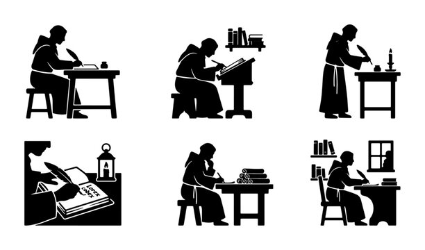 Monk Scribe Icons, Medieval Writing Scenes, Historical Manuscript Illustration