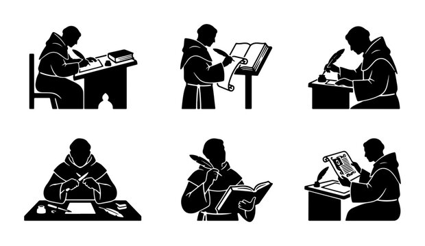 Monk Scribes Writing, Illuminating Manuscripts, Medieval Art Icons
