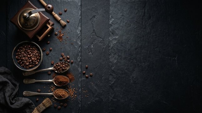 Morning coffee concept backdrop: Vintage grinder, coffee beans, and ground coffee in spoons on dark slate background with copy space