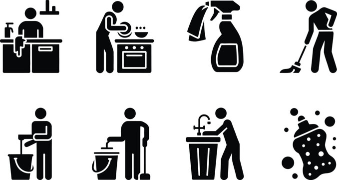 Cleaning service icons set featuring silhouettes of people doing household chores cleaning housework silhouette domestic maintenance sweeping sanitation professional illustration collection