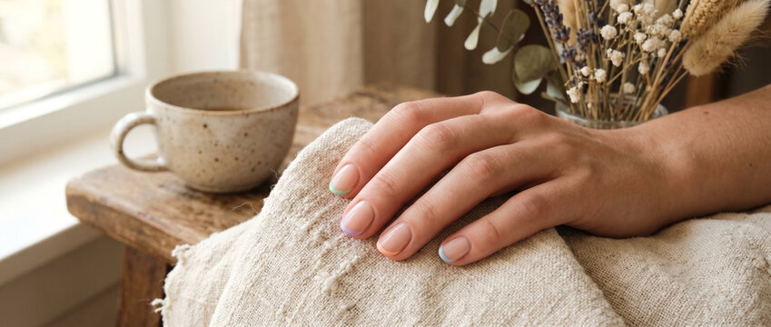 Main soign&eacute;e avec manucure naturelle pos&eacute;e d&eacute;licatement sur un tissu en lin