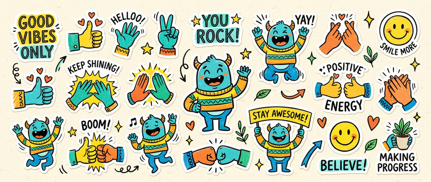 Planche d'illustrations doodles color&eacute;es avec messages de motivation et monstres rigolos