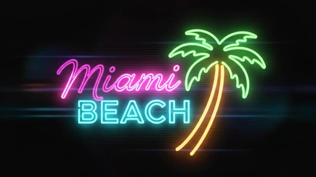 glowing neon sign miami beach with palm tree on black background. pink and blue light text. retro 80s synthwave style. summer vacation nightlife concept. party invitation, club lifestyle
